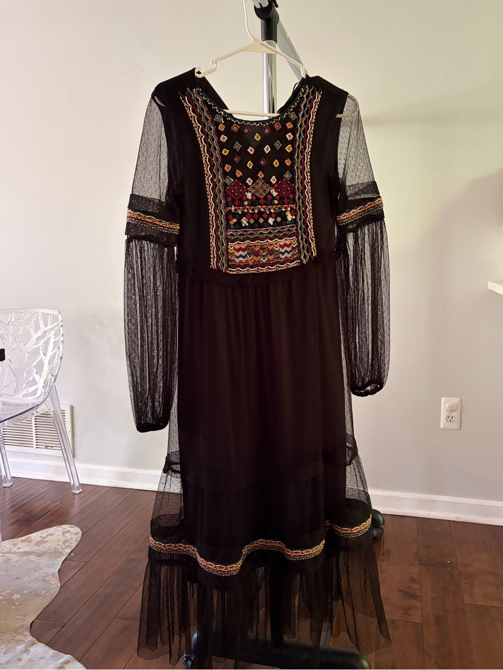 Zara Black Maxi Dress with Multicolor Embroidery